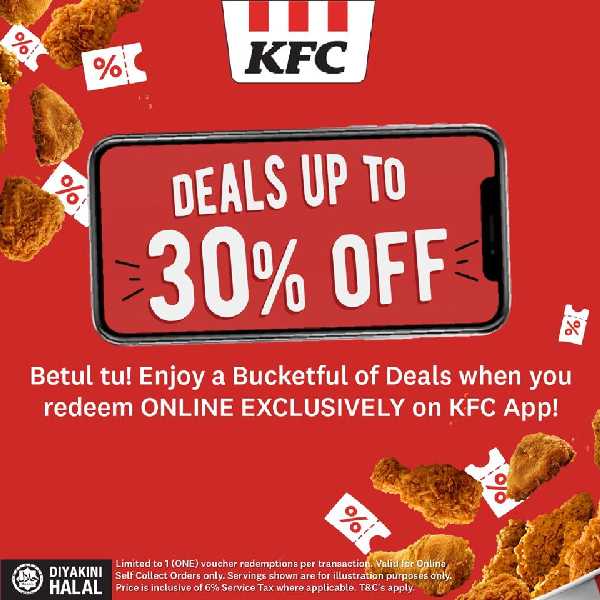 30% Off KFC App Exclusive Bucketful of Deals (31 March 2021)